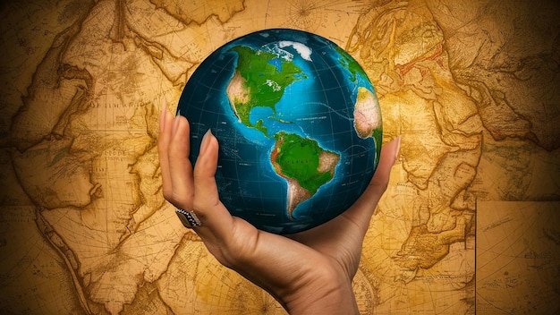 a hand holding a globe with a map of the world on it