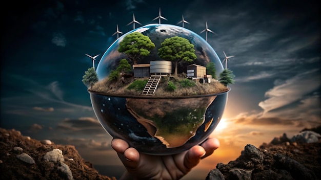 a hand holding a globe with solar panels in the background