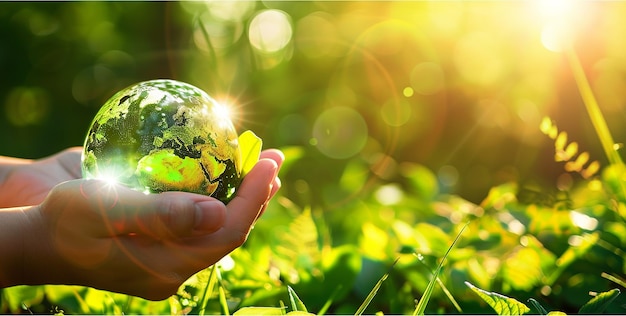 a hand holding a globe with the sun shining through the leaves