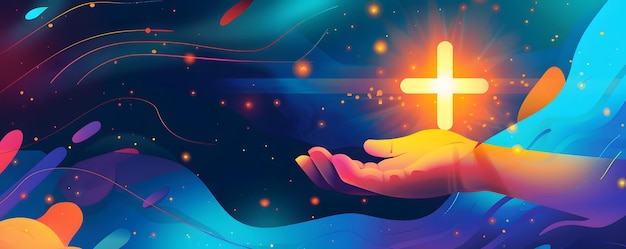 Photo hand holding a glowing cross over a colorful abstract background