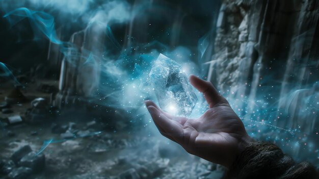 A hand holding a glowing crystal The crystal is surrounded by a blue light and there is a dark background