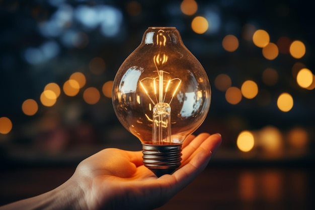 Hand holding a glowing light bulb in the dark with a blurred background of lights