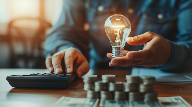 A hand holding a glowing light bulb next to stacked coins a calculator and cash symbolizing energy savings and financial planning