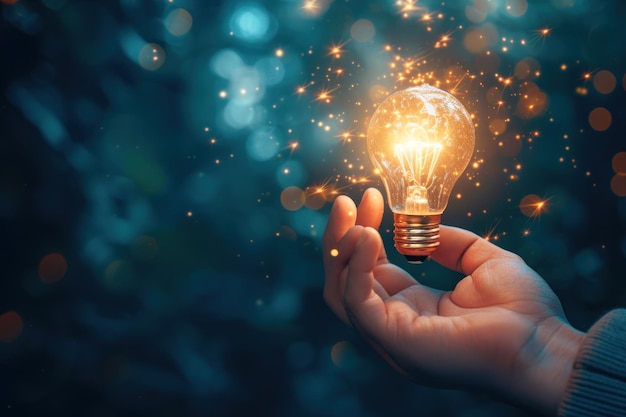 Hand holding glowing light bulb with sparkling light