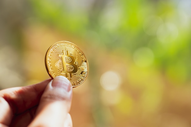 Hand holding a golden bitcoin