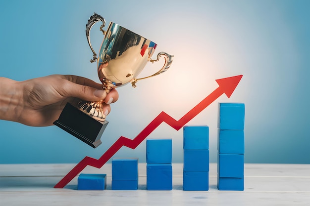 Hand holding golden trophy above blue blocks red zigzag line graph showing progress symbolizing su