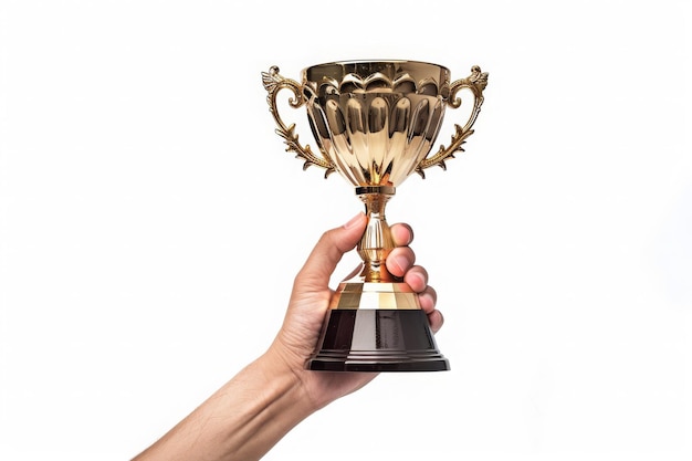 Hand Holding Golden Trophy on White Background Symbolizing Victory and Achievement