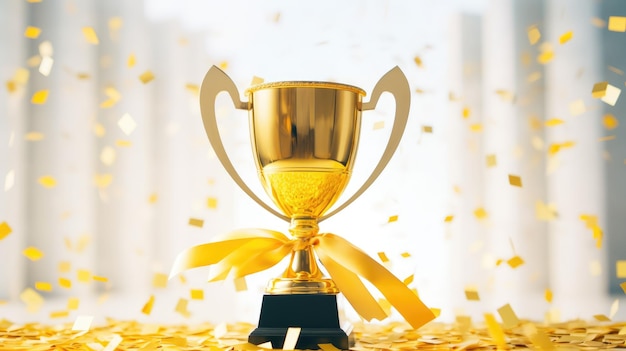 Hand holding a golden trophy on a white background with a ribbon