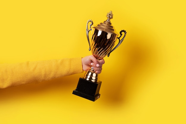 Hand holding golden trophy over yellow background