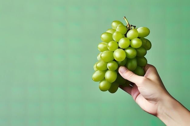 Hand holding green grapes bunch isolated on green background with copy space