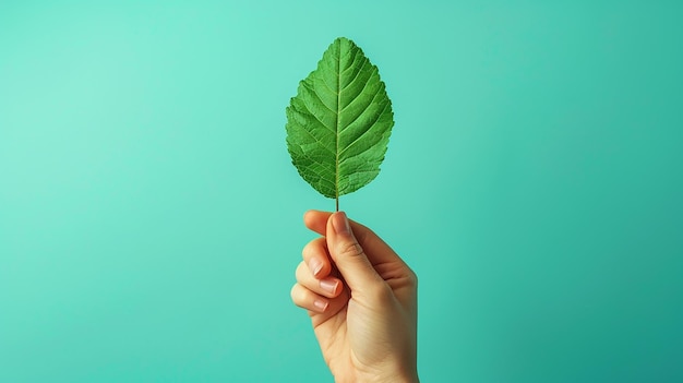 Photo hand holding a green leaf