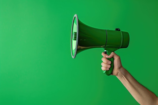 Hand holding a green megaphone on a green background