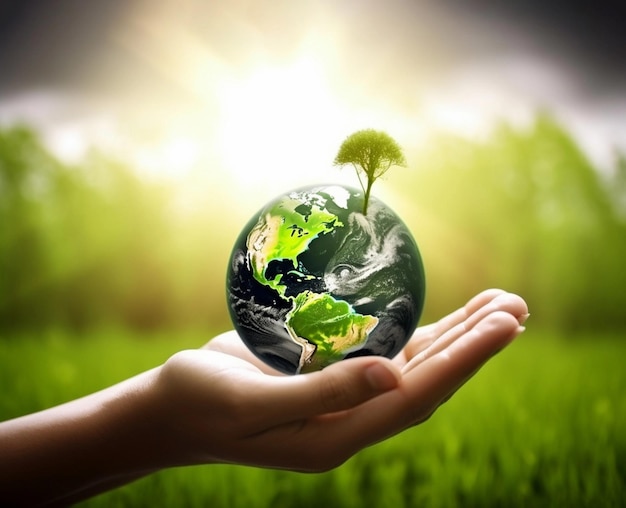 A hand holding a green planet with a tree growing out of it