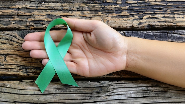 Hand holding green ribbon for cancer awareness