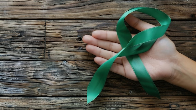 Hand holding green ribbon for cancer awareness