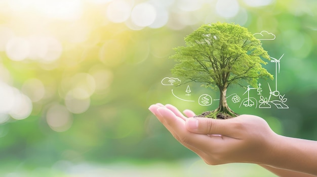 Hand holding a green tree with icons of energy sources for sustainable development generative ai