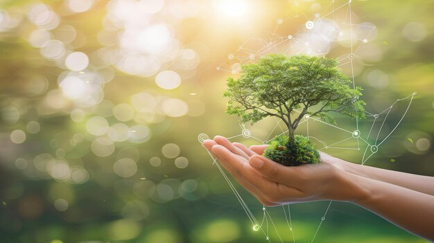 Hand holding a green tree with icons of energy sources for sustainable development generative ai