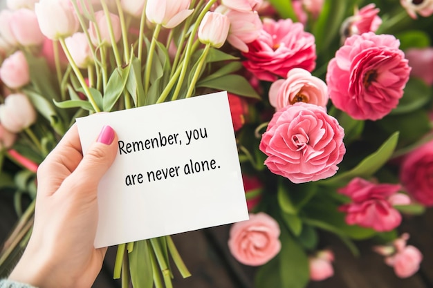 Photo hand holding a greeting card saying remember you are never alone among a bouquet of beautiful pink and red tulips