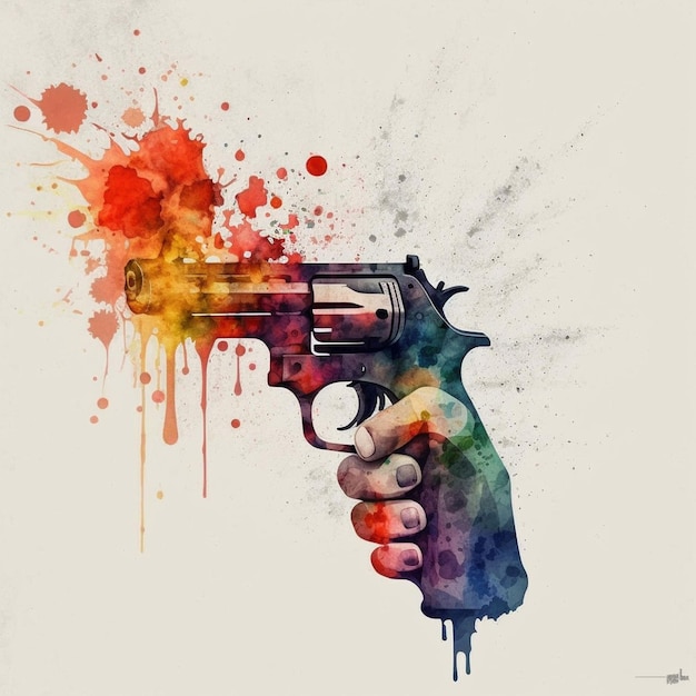 A hand holding a gun with a colored background.