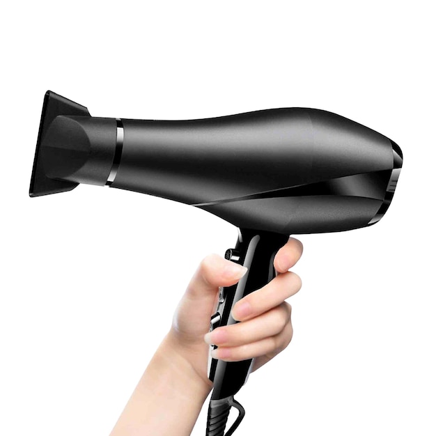 Hand holding hair dryer in black color isolated on a white background