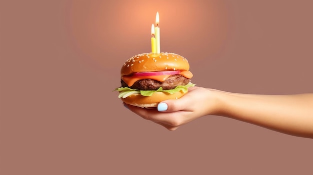 A hand holding a hamburger with a lit candle