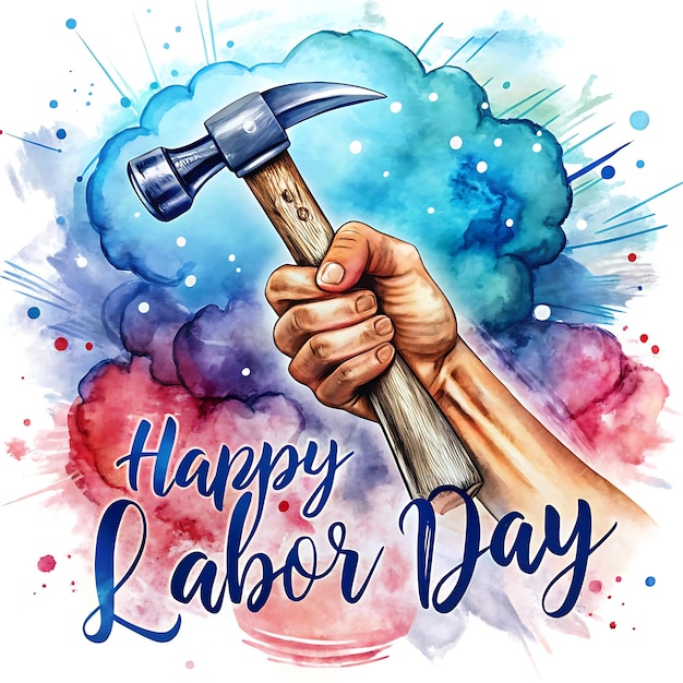 a hand holding a hammer and the words happy day on a colorful watercolor background