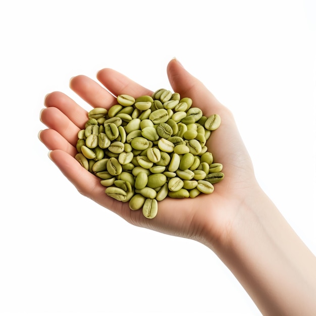 Photo a hand holding a handful of coffee beans that says coffee beans