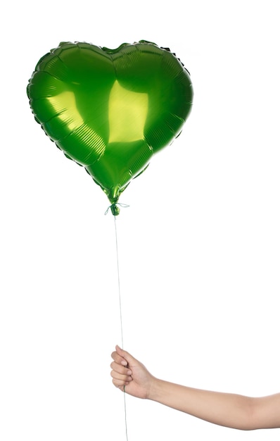 Hand holding Heart foil Balloon isolated on white background