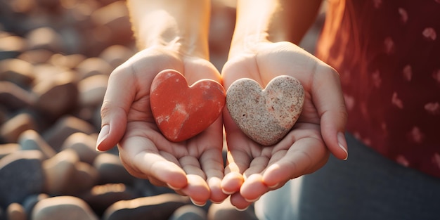 Hand holding heart shape rocks