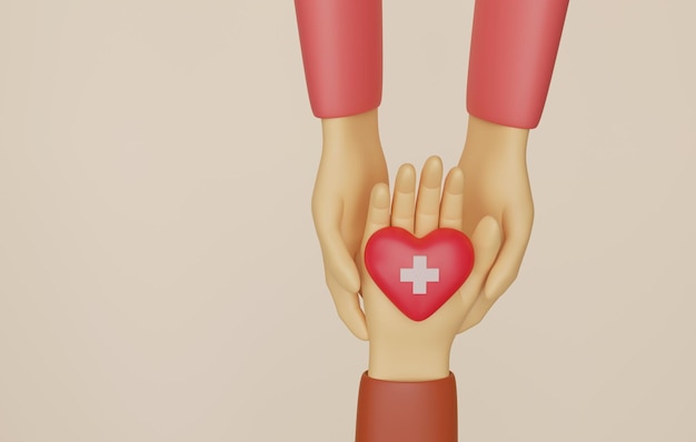 Hand holding a heart with a red cross symbol and holding another pair of hands