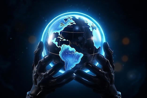 hand holding hologram of world and earth digital technology create using generative AI