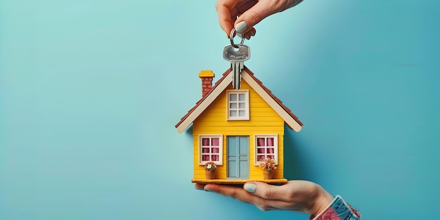 Photo a hand holding a house key and a house with a house in the background