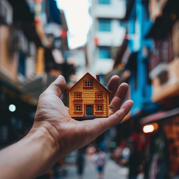 a hand holding a house that has a house on it