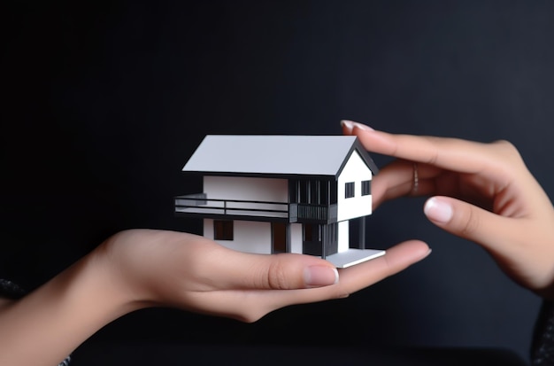 A hand holding a house with a black background