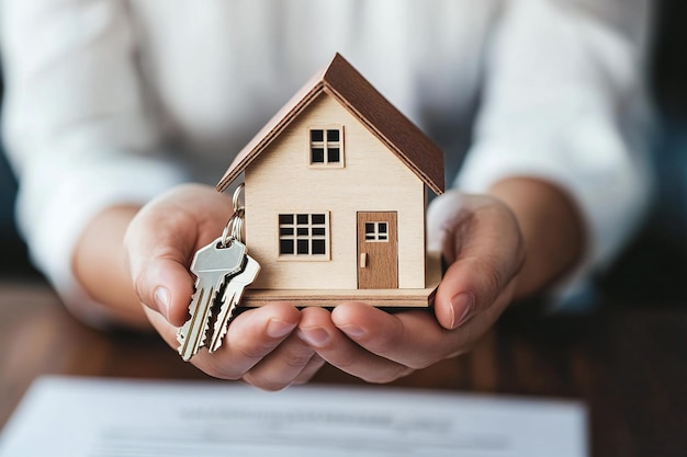 a hand holding a house with a house in the background