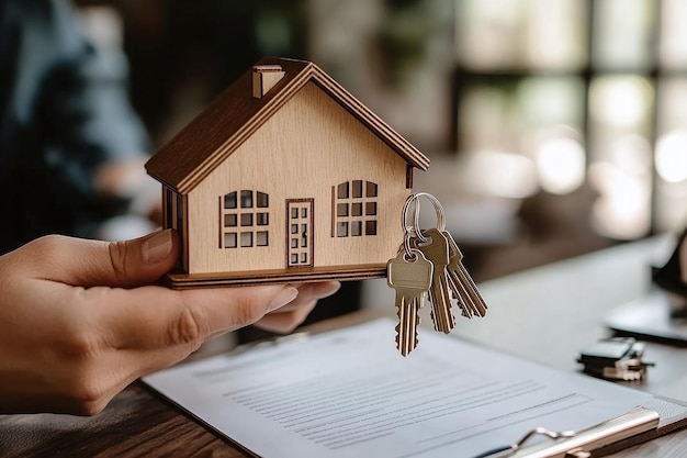 a hand holding a house with keys and keys on it