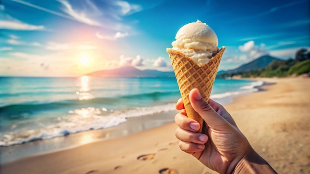 a hand holding an ice cream cone on the beach with the sun setting behind it