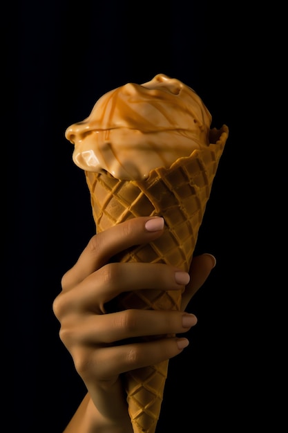 A hand holding a ice cream cone with caramel on it