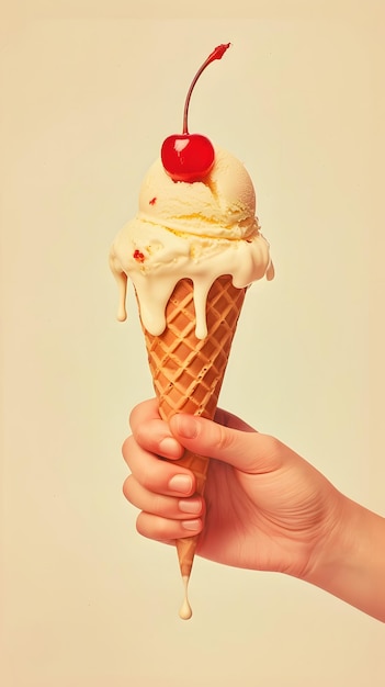 a hand holding an ice cream cone with a cherry on it