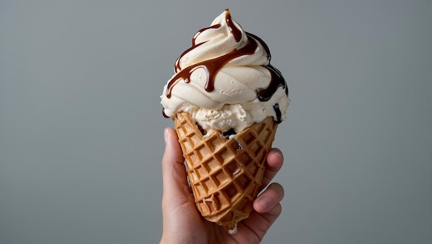 A hand holding an ice cream cone with melted caramel topping