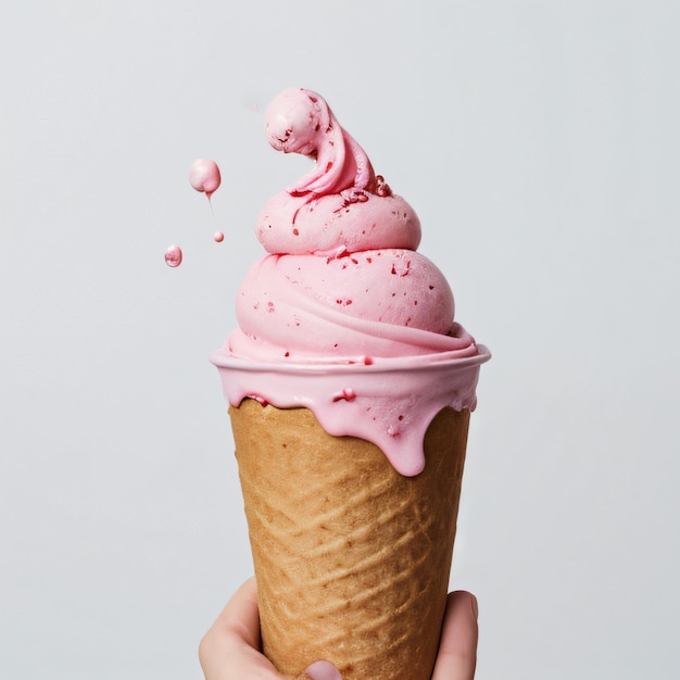 Photo a hand holding an ice cream cone with pink icing on it