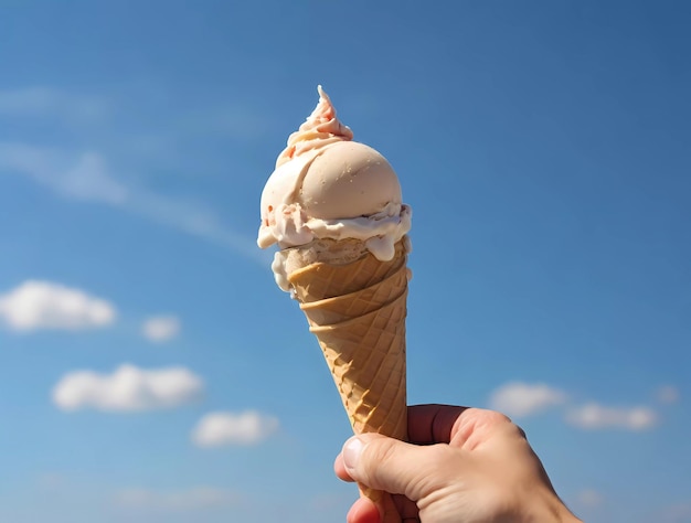 a hand holding an ice cream cone with the sky in the background