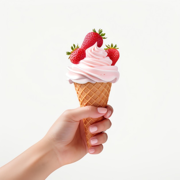 a hand holding an ice cream cone with strawberries