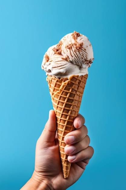 hand holding ice cream cup isolated in blue background color