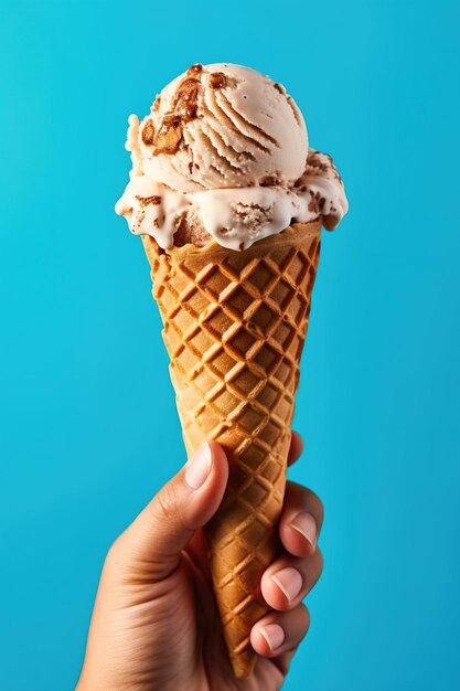 hand holding ice cream cup isolated in blue background color