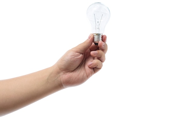 Hand holding an incandescent light bulb isolated on white background