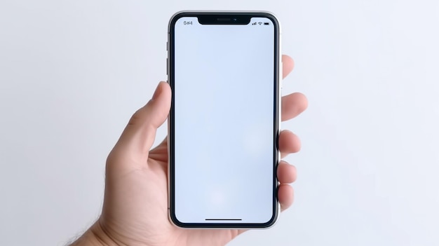 A hand holding a iphone with a blank screen