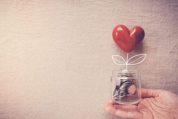 Hand holding a jar of heart tree growing on money coins