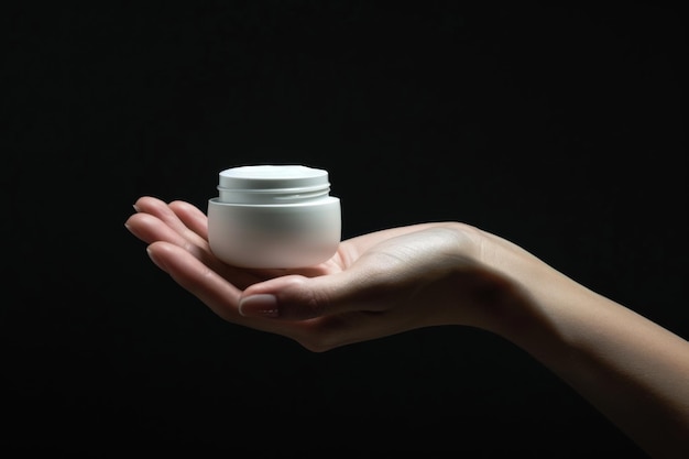 Hand Holding a Jar of Moisturizing Cream Against Dark Background