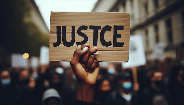 Photo hand holding justice sign at protest rally